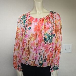 Pink Pleated Long Sleeve Blouse